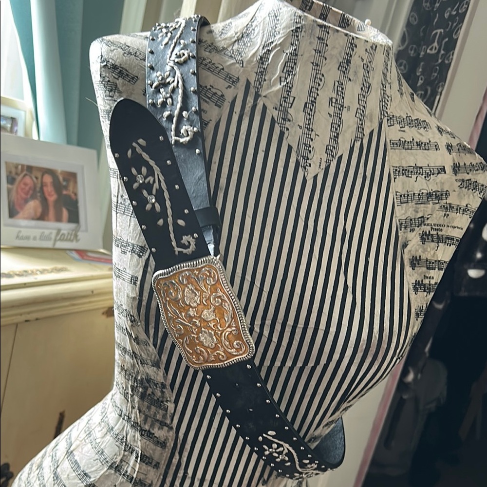 Black Embellished Belt with Gold Buckle
